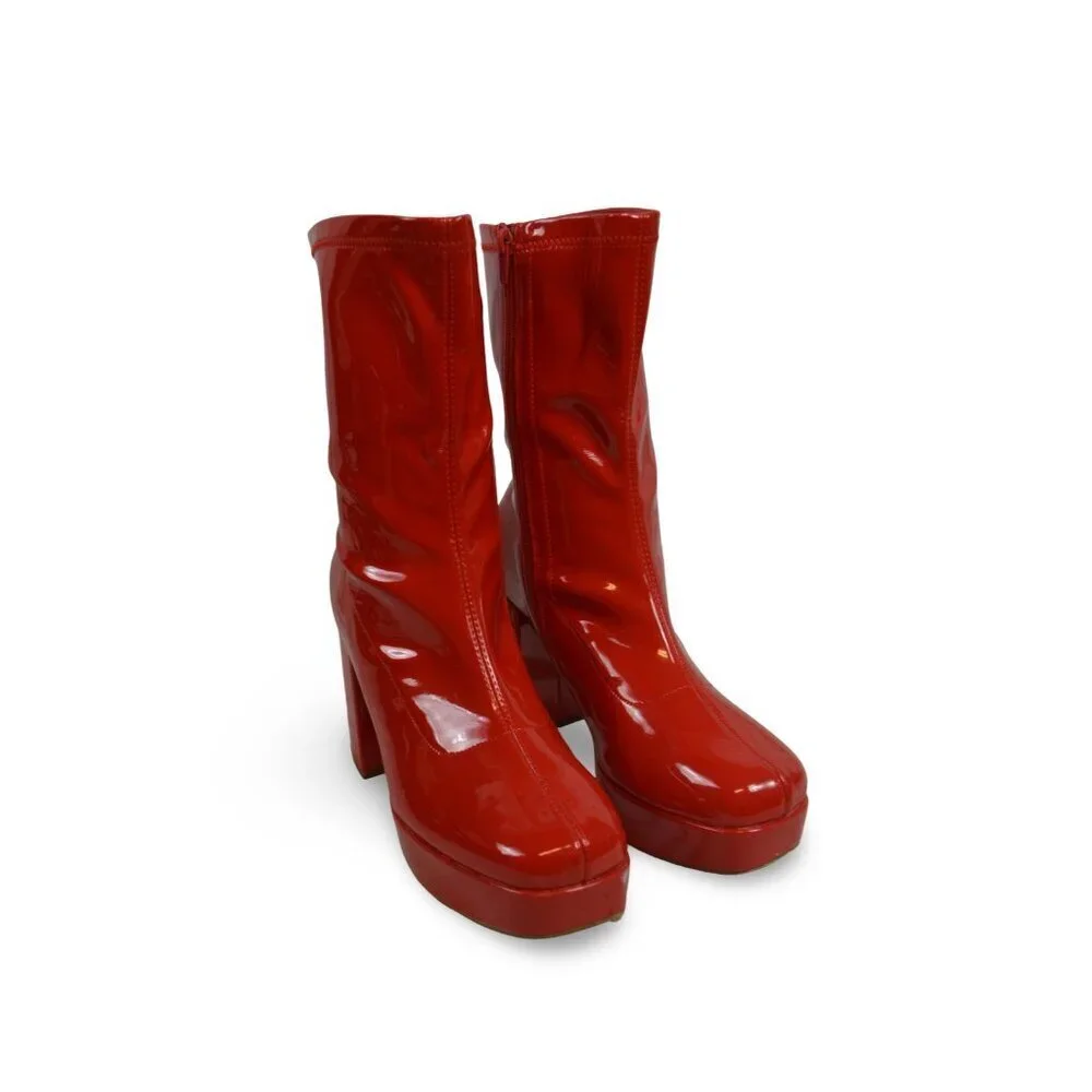 Dream Pairs Women Mid Calf Gogo Platform Boots Block Heel Square Toe Red 8.5